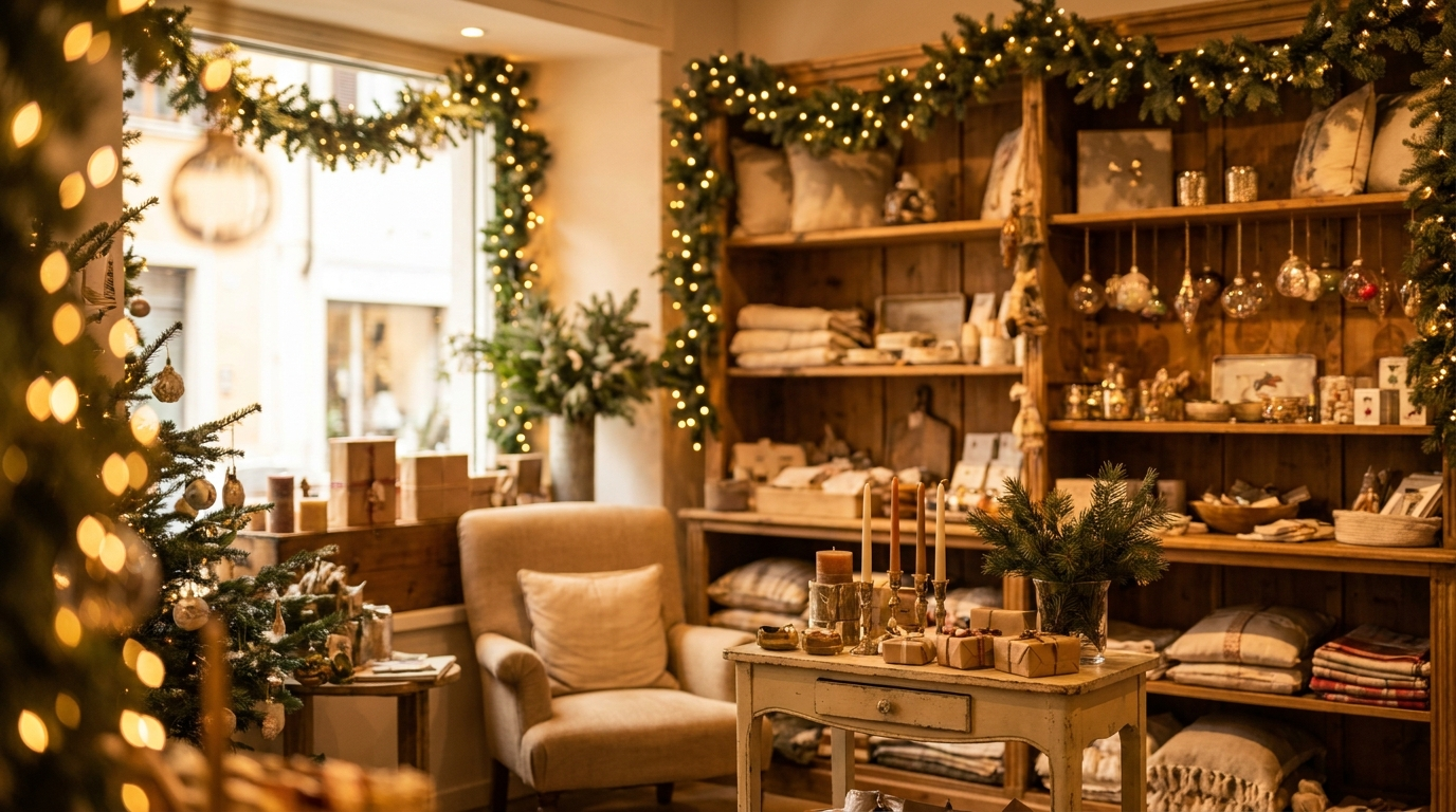 Negozio con decorazioni e luci natalizie